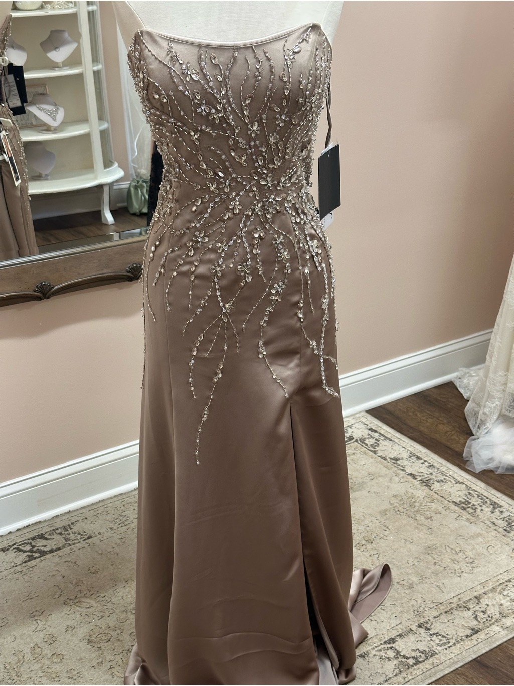 Embellished Strapless Evening Gown In Latte. Size 12